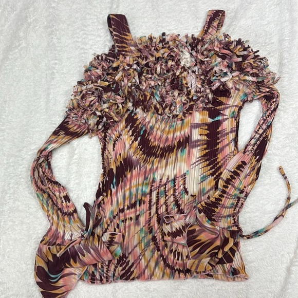 Brown and Orange Ruched Bell Sleeve Blouse - Picture 5 of 9